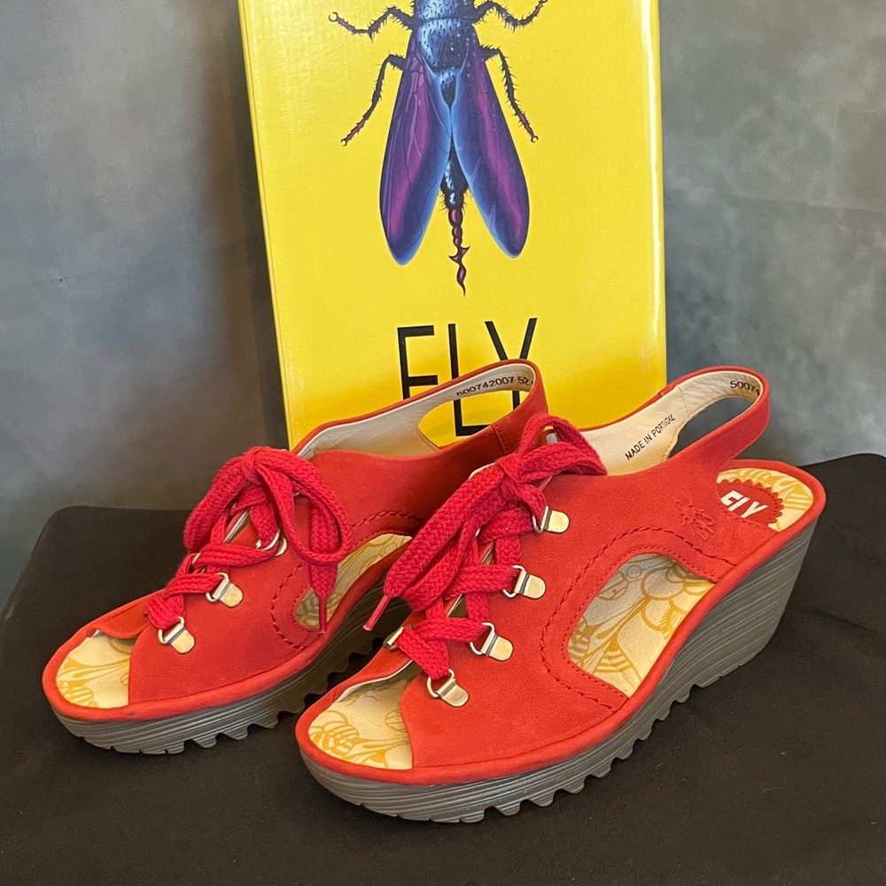 FLY LONDON Ylfa Red‎ Suede Lace Up Wedge Sandals Women Size 38
